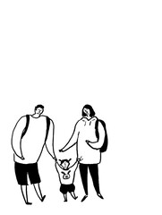 子供（女の子）とお父さん、お母さん、家族、線画（縦、左配置）