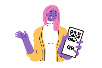 Smiling Girl is showing phone screen with QR code certificate. Identification control. Medical status check point. Concept of electronic pass, health passport, vaccination confirmation. Vector