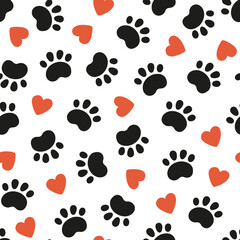 Fototapeta na wymiar Seamless dog pattern with paw prints and red hearts. Cat foot texture. Pattern with doggy pawprint and hearts. Dog texture. Hand drawn vector illustration in doodle style on white background.