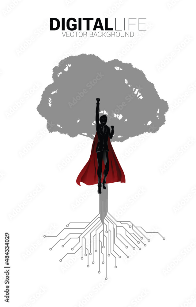 Poster silhouette of superhero fly with tree from digital line connect dot circuit board style. background 