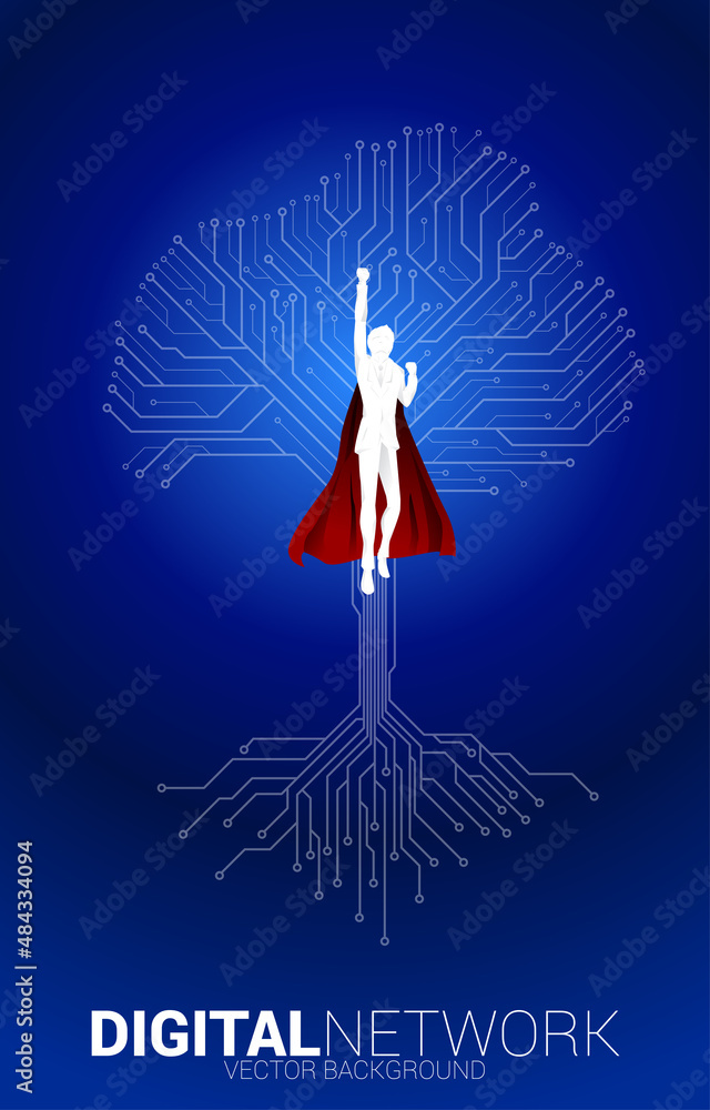 Poster silhouette of superhero fly with tree from digital line connect dot circuit board style. background 