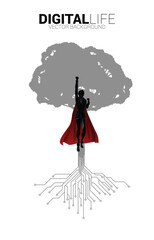 silhouette of superhero fly with Tree from digital line connect dot circuit board style. Background concept for digital transformation.