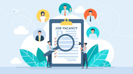 Vacancy analysis. Research resume.  Job vacancy. Hr agency. Job hiring, online recruitment. Applicants queue for consideration. Agency interview. Job search metaphor. Hiring concept. Vector set - obrazy, fototapety, plakaty
