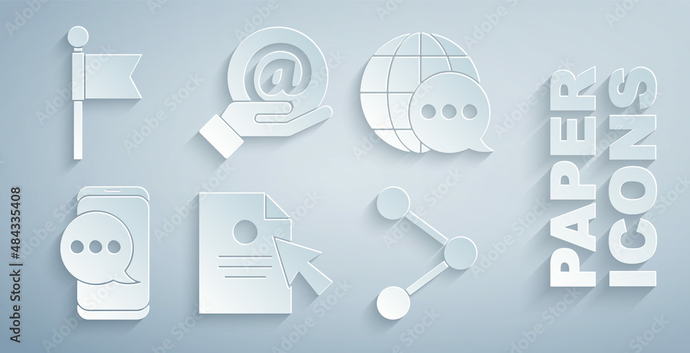 Aufkleber set document and cursor, world map made from speech bubble, chat messages notification on phone, sha