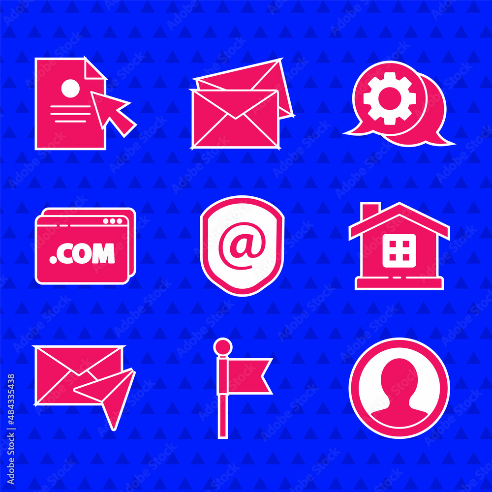 Aufkleber set shield with mail and e-mail, location marker, create account screen, house, envelope, website te