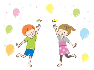 元気に手を挙げる笑顔の子ども達と背景
