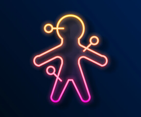 Glowing neon line Voodoo doll icon isolated on black background. Vector