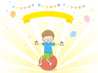 バランスボールに乗る男の子ときらめく背景デザイン