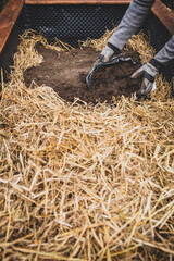 Man filling soil and straw into the raised bed