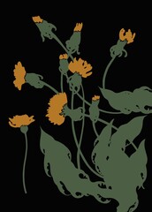 Decorative silhouettes of dandelions on the black background.