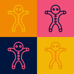Pop art line Holiday gingerbread man cookie icon isolated on color background. Cookie in shape of man with icing. Vector