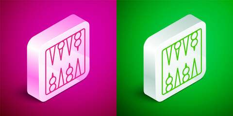 Isometric line Backgammon board icon isolated on pink and green background. Silver square button. Vector