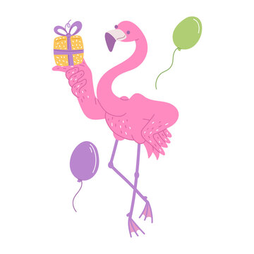 Cute pink flamingo with gift and balloons. African bird cartoon flat illustration.