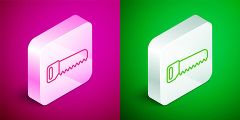 Isometric line Hand saw icon isolated on pink and green background. Silver square button. Vector