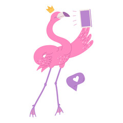 Cute pink flamingo princess with phone. African bird cartoon flat illustration.