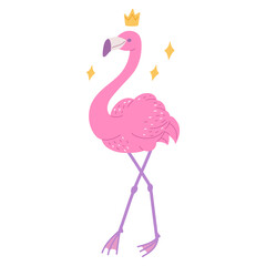 pretty pink flamingo princess in crown. African bird cartoon flat illustration.