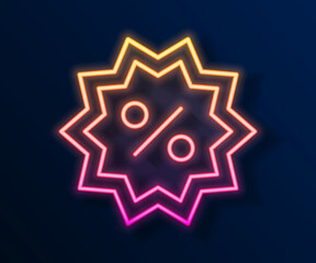 Glowing neon line Discount percent tag icon isolated on black background. Shopping tag sign. Special offer sign. Discount coupons symbol. Vector
