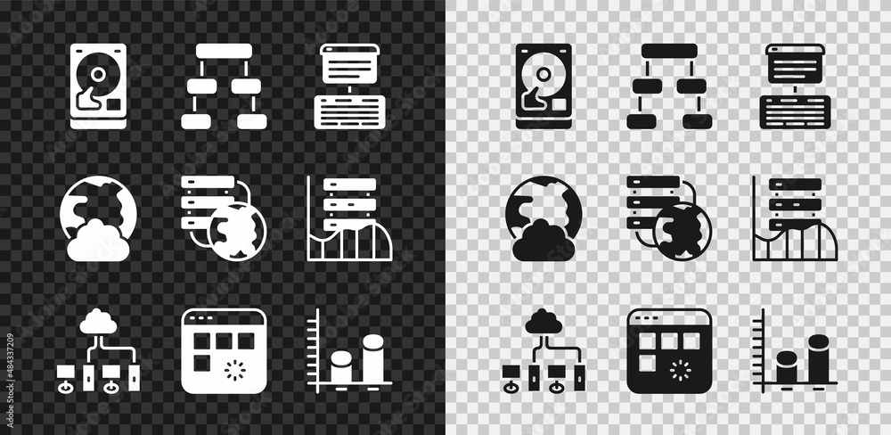 Poster set hard disk drive hdd, hierarchy organogram chart, server, data, web hosting, computer network, lo