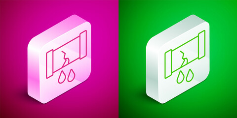 Isometric line Broken oil pipe with valve icon isolated on pink and green background. Silver square button. Vector