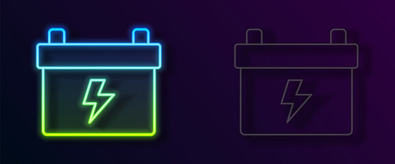 Glowing neon line Car battery icon isolated on black background. Accumulator battery energy power and electricity accumulator battery. Vector
