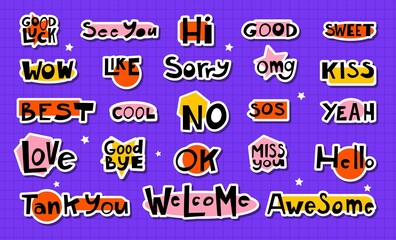 Naklejka premium Set stickers with Quotes and phrases for paper mail, diary or notebook decor. Dialog words love, good bye, omg. Hand drawn sketch doodle style. Chat, mail and message elements. Vector illustration.