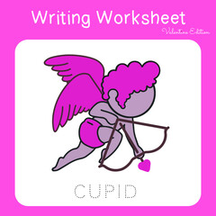 Illustration of writing practice worksheet with valentine theme. Educational printable worksheet. Exercises lettering game for kids. Vector illustration.