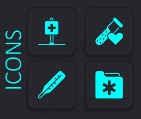 Obraz premium Set Medical health record folder, Location hospital, Test tube with blood and thermometer icon. Black square button. Vector