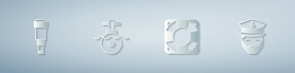 Set Spyglass telescope lens, Submarine, Lifebuoy and Captain of ship. Paper art style. Vector