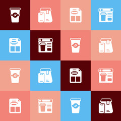 Set pop art Coffee cup to go, Online ordering food, Restaurant cafe menu and icon. Vector