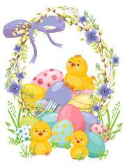Happy Easter poster, postcard with funny chickens, realistic Easter eggs, in a wreath of willow branches and young leaves with spring flowers, bow.