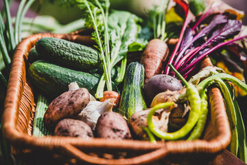 Fototapeta Various sorts of organic vegetables into a basket obraz