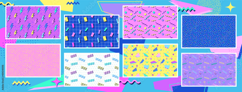 Poster simple geometric patterns set. 90s style backgrounds collection. nostalgia for the 90s.