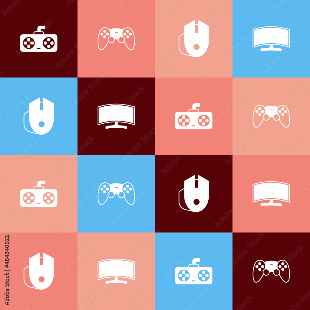 Poster set pop art game controller or joystick, computer mouse and monitor icon. vector