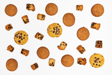 Homemade cookies with chocolate and nuts on a white background are highlighted with the composition.