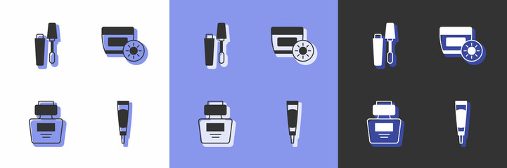 Set Cream or lotion cosmetic tube, Mascara brush, Perfume and Sunscreen cream in icon. Vector
