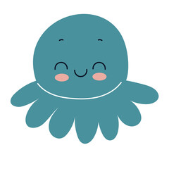 Cute blue sea octopus, underwater wild animals. Flat vector illustration isolated on white background.