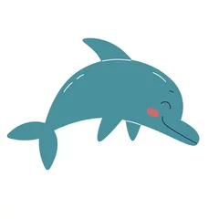 Fotobehang Cute blue dolphin, wild underwater animals, mammals. Flat vector illustration isolated on white background. © Анна Безрукова