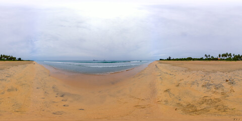 Tropical sandy beach with palm trees near the blue sea. Sri Lanka, Trincomalee. 360 panorama VR.