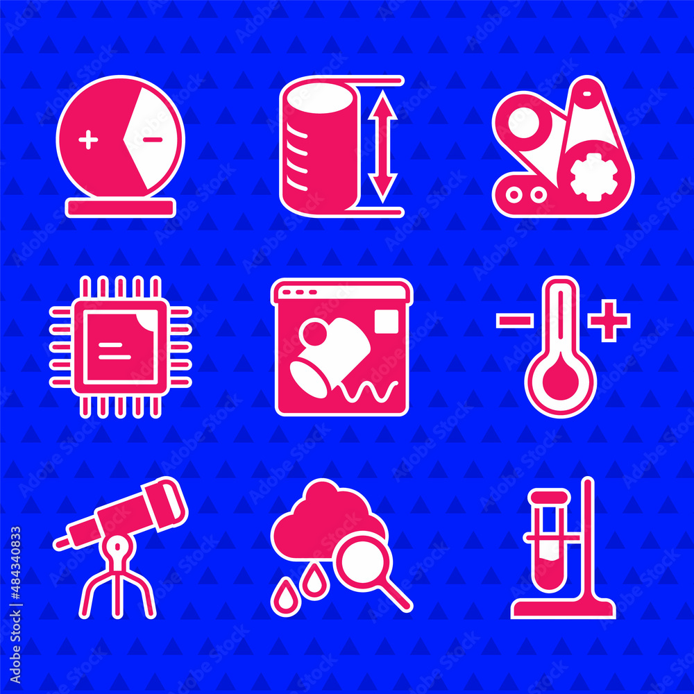 Poster set data visualisation, cloud with rain, test tube flask stand, thermometer, telescope, processor cp