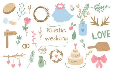 Rustic wedding elements for decoration. Simple uncomplicated flowers, a wreath, a cake, leaves, bouquets, twigs, a tree saw. Cozy natural vector design.