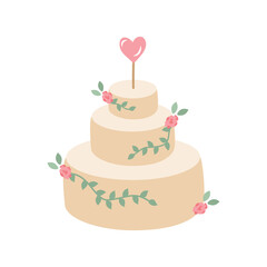 Wedding three-tiered cake in rustic style, decorated with twigs, leaves and flowers. Dessert for the holiday. Cozy natural vector design.
