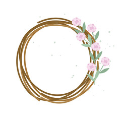 Wreath of branches decorated with flowers in a simple uncomplicated rustic style. Cozy natural vector design.