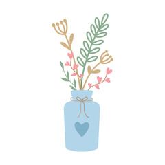 A vase with simple uncomplicated flowers and twigs in rustic style. Cozy natural vector design.