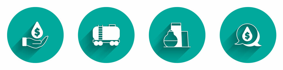 Set Oil drop with dollar symbol, railway cistern, tank storage and icon with long shadow. Vector
