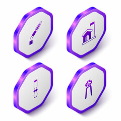 Set Isometric Welding torch, Smithy workshop interior, Rasp metal file and Blacksmith pliers tool icon. Purple hexagon button. Vector