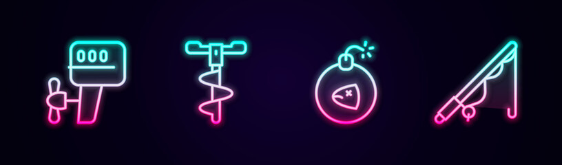 Set line Outboard boat motor, Hand ice drill, Bomb and Fishing rod. Glowing neon icon. Vector