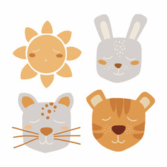 Cute animal characters in a hand drawn doodle style. Tiger, kitten, sunshine and bunny for baby shower and gender party. Ready to print stickers for scrapbooking, wrapping paper, clothes, banners, fly