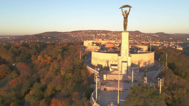 Flying toward Liberty Statue atop Gellert Hill in Budapest