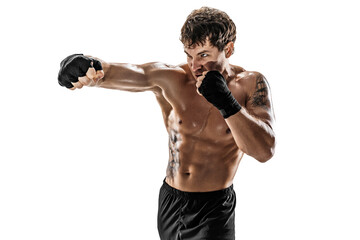Studio shot of kickboxer who training, practicing jab on white background. Sport concept 