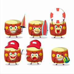 Happy Face red chinese drum cartoon character playing on a beach